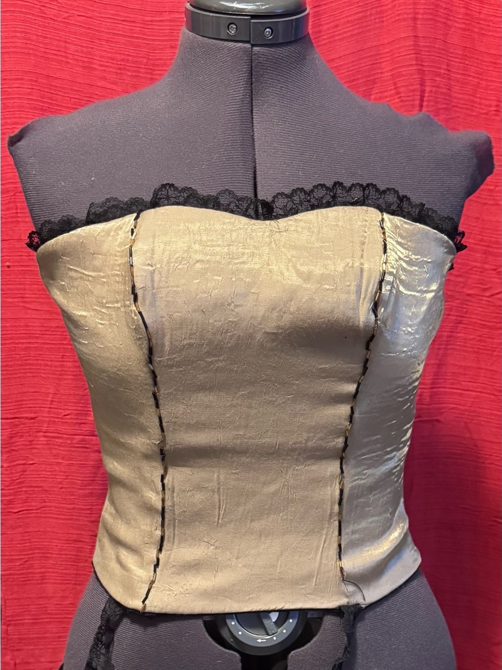 Strapless Metallic Gold Silk Bustier Top with Black Lace Trim